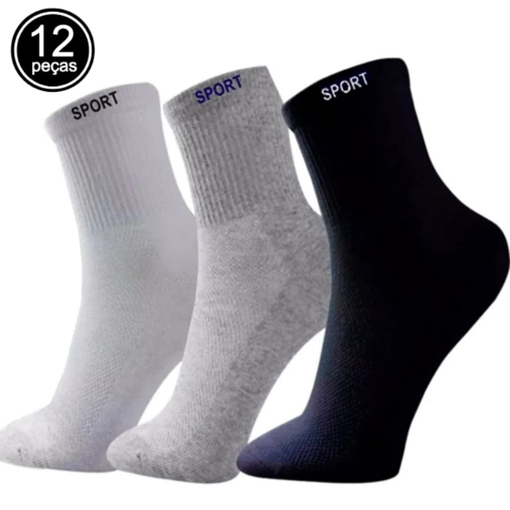 Meias Masculina Kit 12 Pares Cano Alto Longo Sport Algodão
