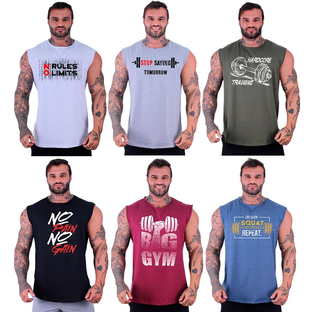 Kit 6 Regatas Machão Longline Masculina MXD Conceito Academia Musculação Casual