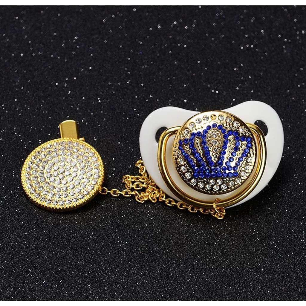 Chupeta com Prendedor de Luxo Coroa de Príncipe Menino Strass Dourada Chupeta de Silicone Bebê