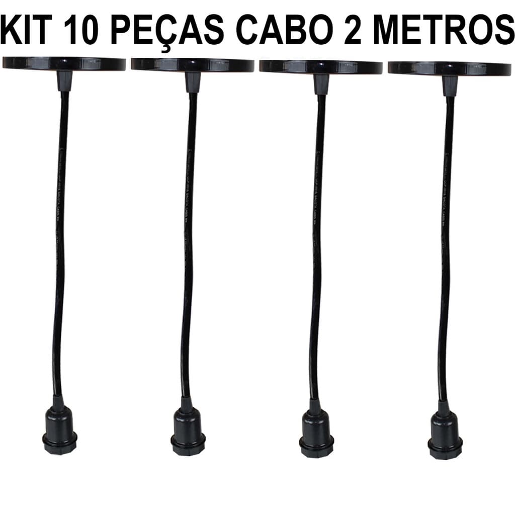 kit 10 pendentes retro cabo de 2 metros preto brilhante para decoração