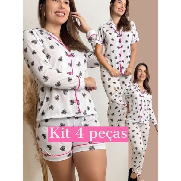 Kit pijama 4 peças verão inverno blogueirinha americano botão gestante amamentação