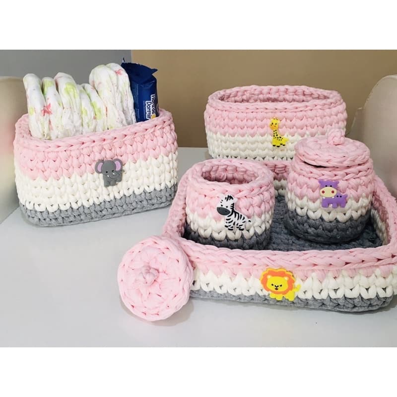 Kit Higiene Bebê Safari 5 peças - Rosa Off White e Cinza