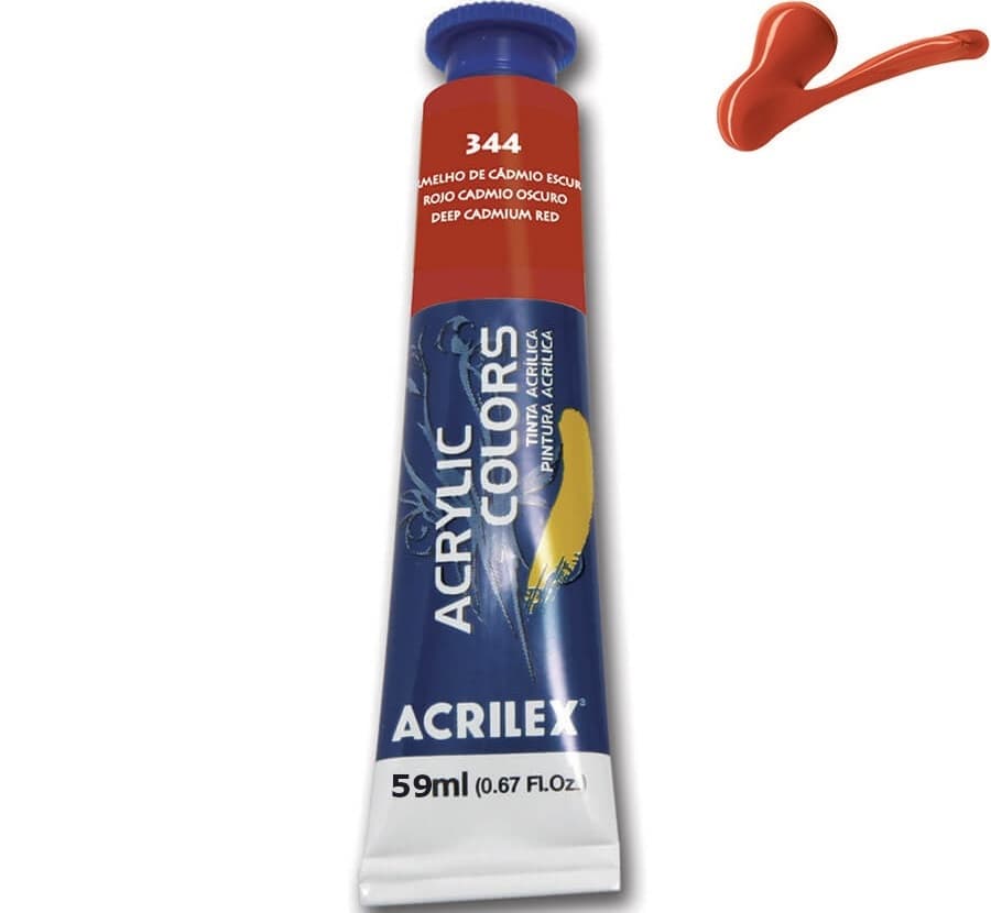 Tinta Acrylic Colors Vermelho de Cádmio Escuro 344 - 59ml - Acrilex - Tinta acrílica para telas e trabalhos artísticos e