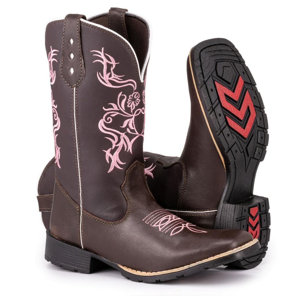 Bota Texana Feminina Country Bico Quadrado Bordada Tribal Rosa BB