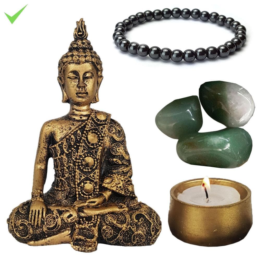 Estatua Buda Hindu 11Cm Kit Quartzo Verde Pulseira Castical