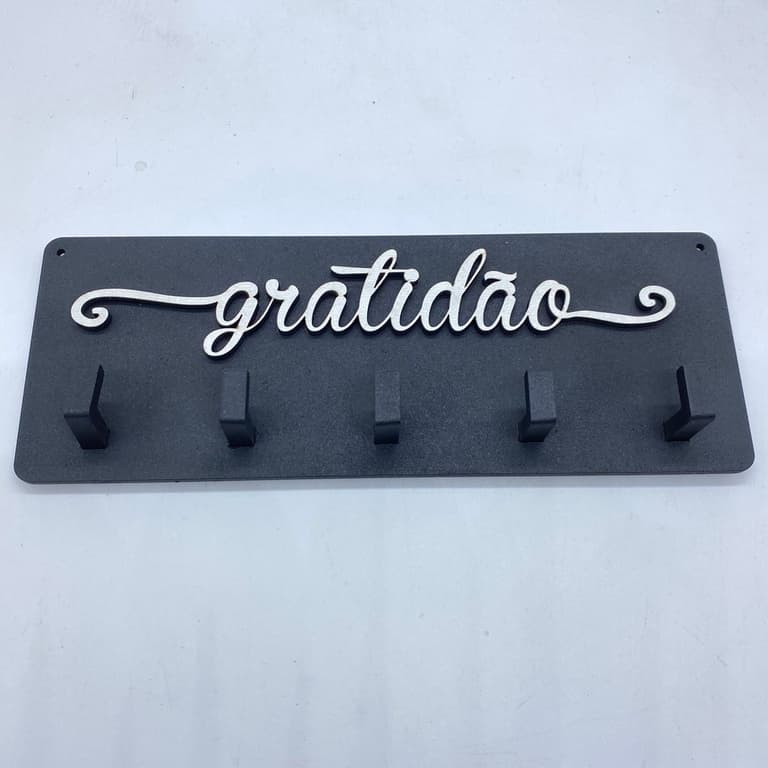 Porta Chaves Pequeno - GRATIDÃO - MDF 5 Ganchos Preto Fosco