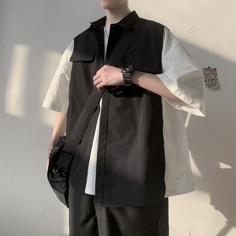 (Liu) Camisa De Ferramentas Estilo Hong Kong, Marca Da Moda Masculina Costura Duas Roupas Largas Vers O Corean