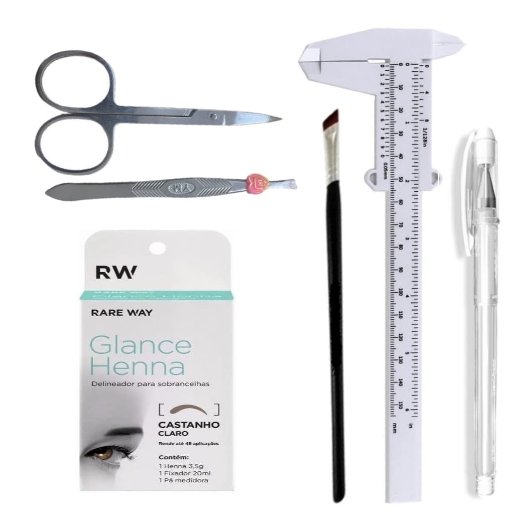 Kit Henna Glance Com Caneta Gel Marcacao Paquimetro15Cm Sobrancelha Tesoura Pinca Pincel