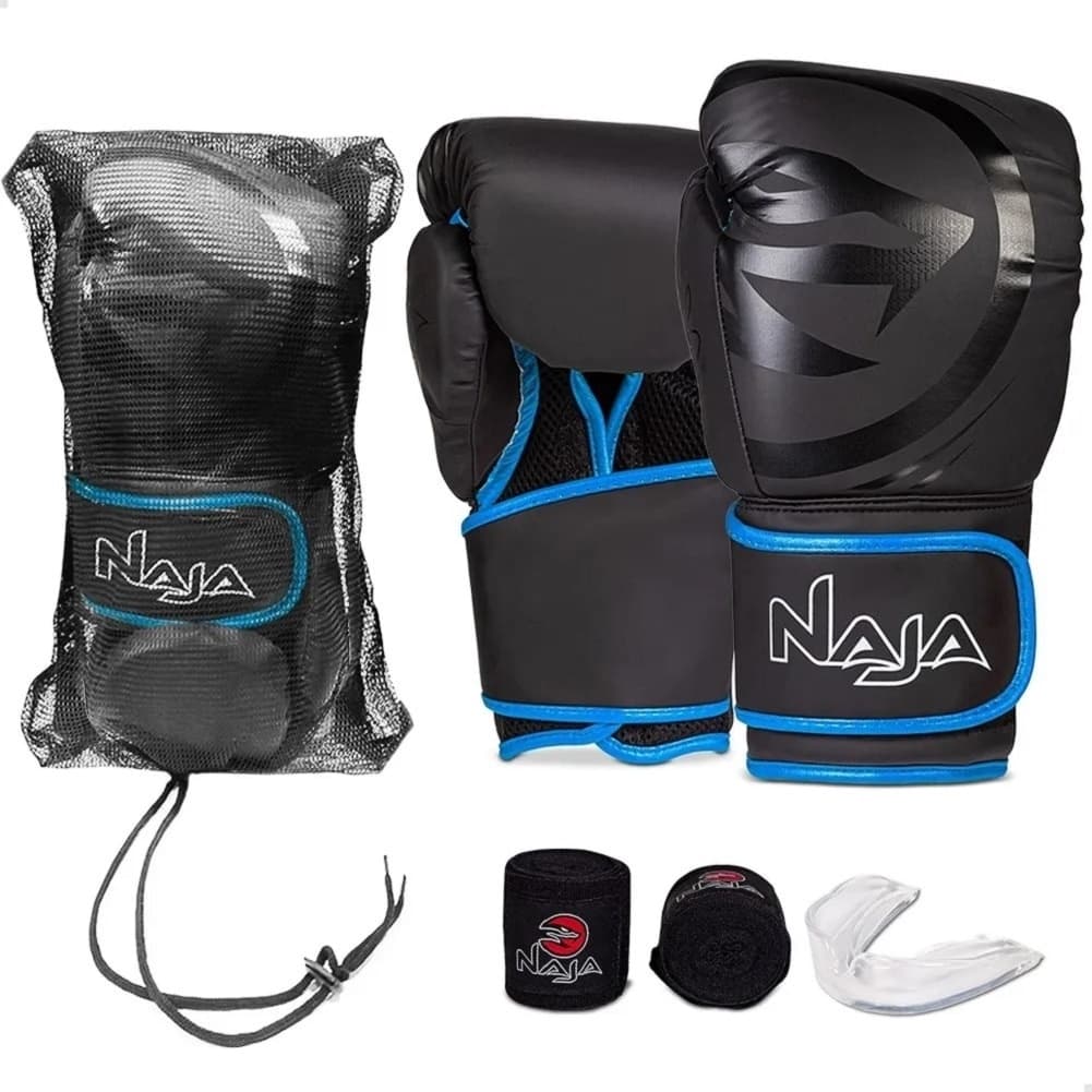 Kit Luva Boxe / Muay Thai / Kickboxing Naja Black Line + Bandagem + Bucal + Bag