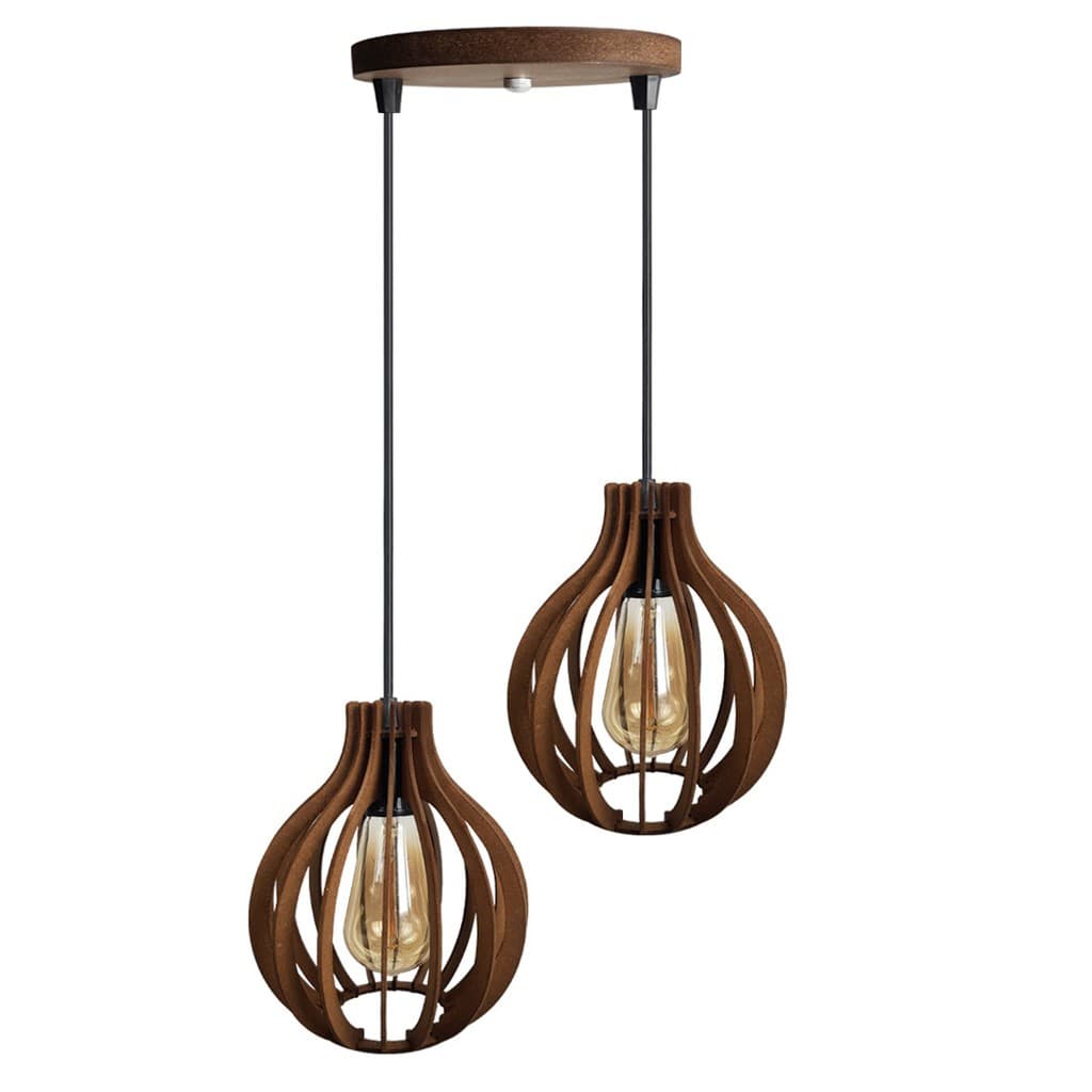 Luminária pendente lustre de madeira duplo retro camurça com regulagem de altura
