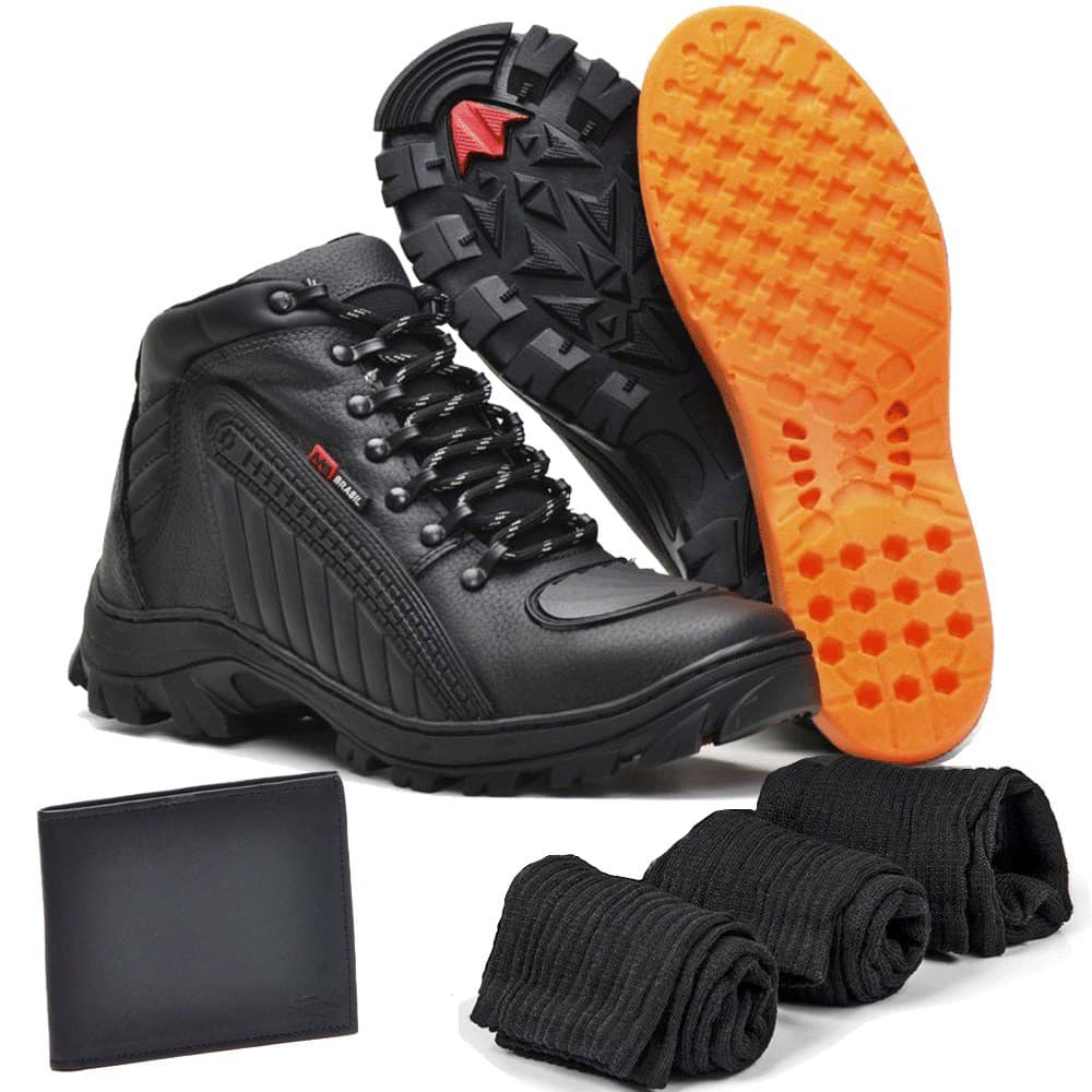 Bota Couro Motociclista Adventure Dakar com Carteira e 3 meias