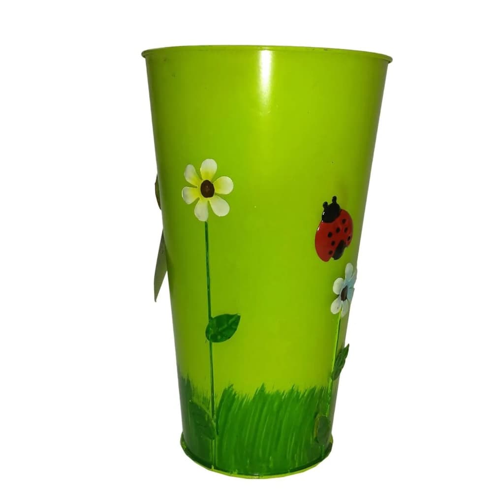 Vaso Balde Metal Enfeite Jardim Quintal Varanda Joaninha Flor Verde