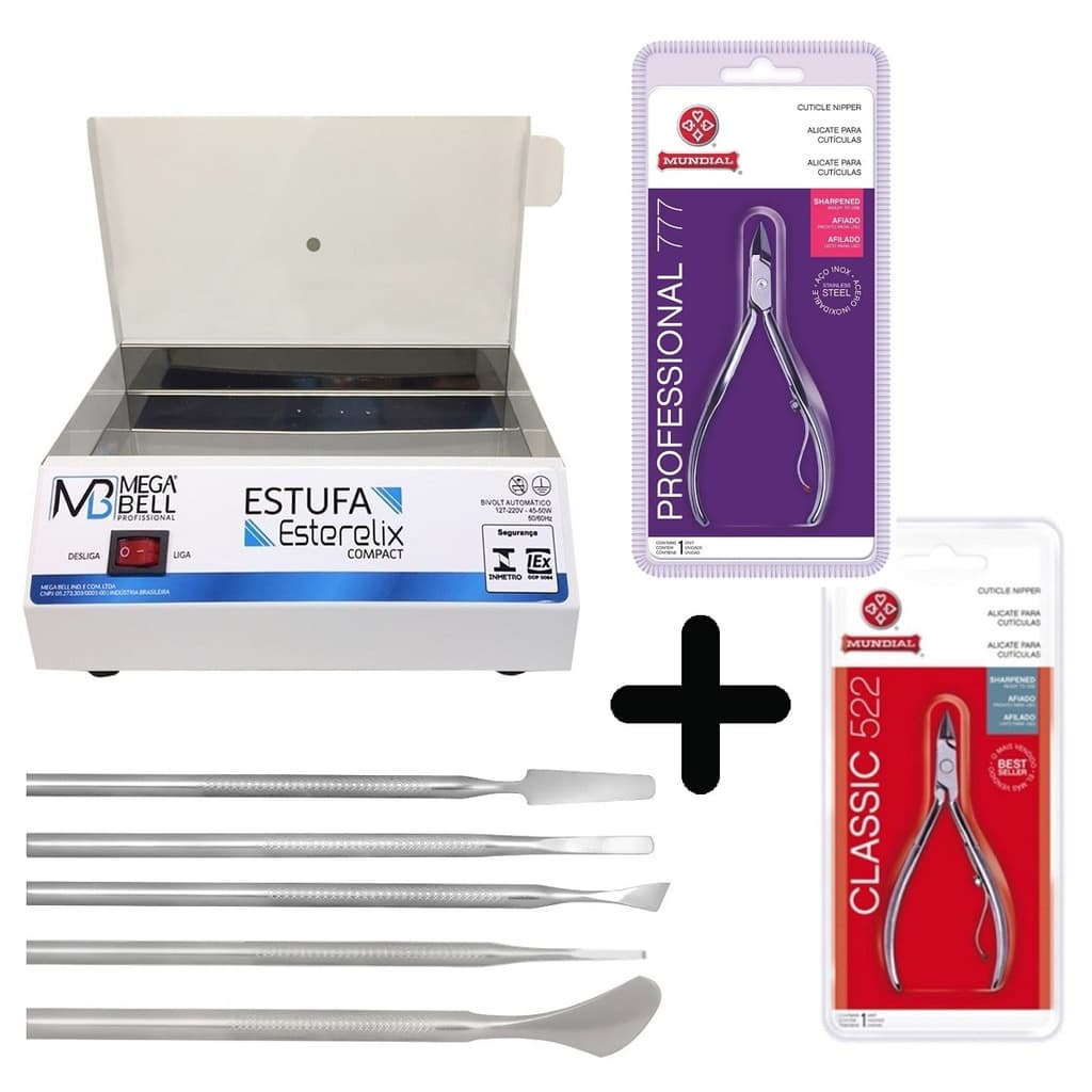 Estufa Mega Bell Esterilizador 2 Alicates Muldial Kit Manicure Podologia 5 Peças P