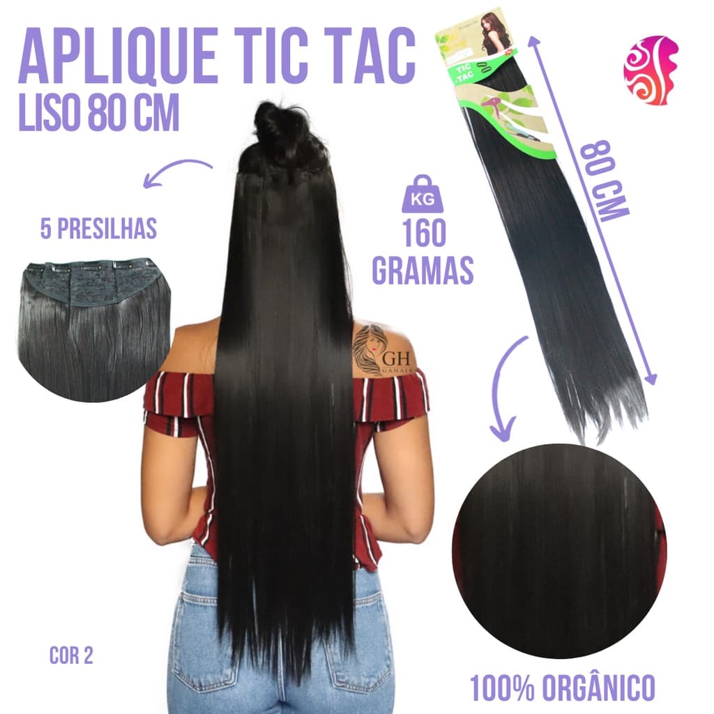 Aplique Tic Tac Liso 80 Centímetros Removível Para Extensão De Cabelo Em Fibra Orgânica - Importado