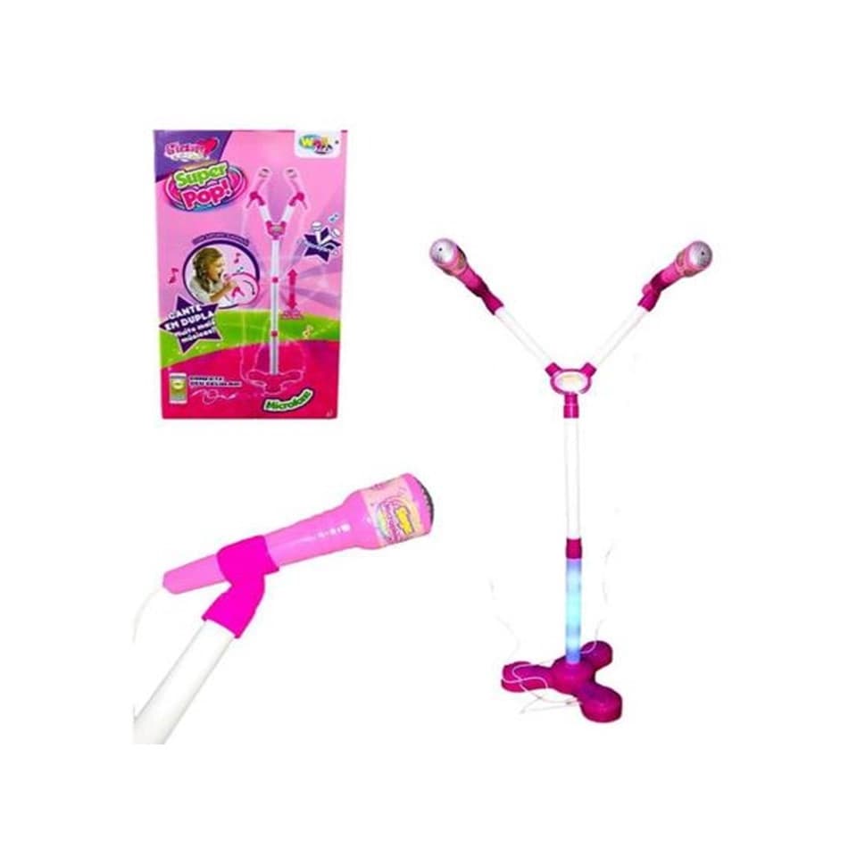Microfone Duplo Infantil com Pedestal Super Pop - Conecta com Celular