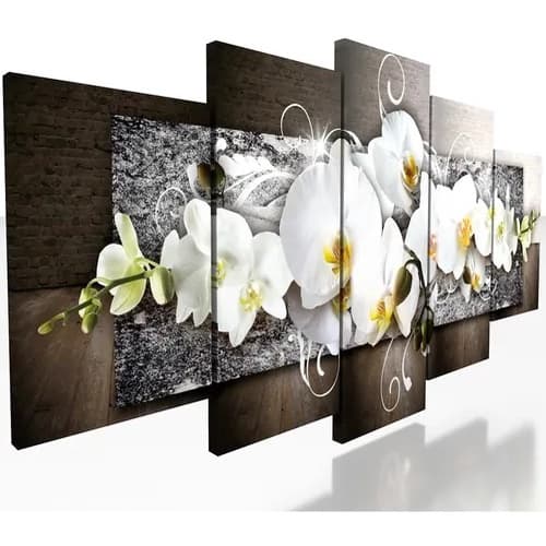 Kit Quadros Decorativo Mosaico 5 Peças Orquídea Branca Mural