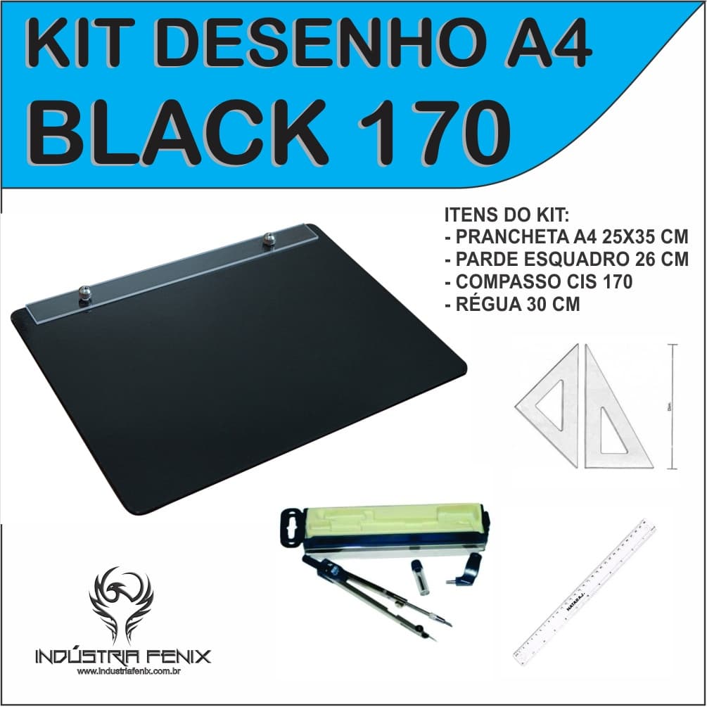 Kit Desenho Técnico a4 Preta Engenharia Arquitetura Par Esquadro 26 cm Compasso Cis 170 Regua 30