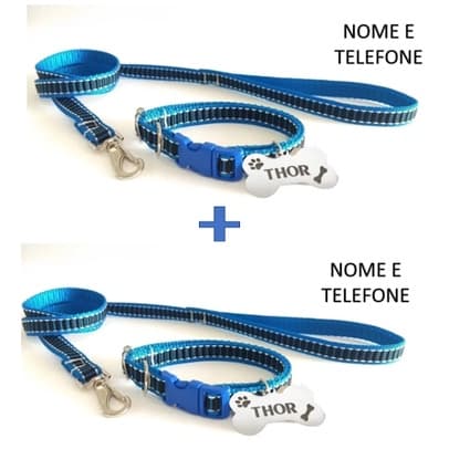 KIT 2 Coleiras NOME GRAVADO + Guia + Plaquinha de Identificação Cães e Gatos