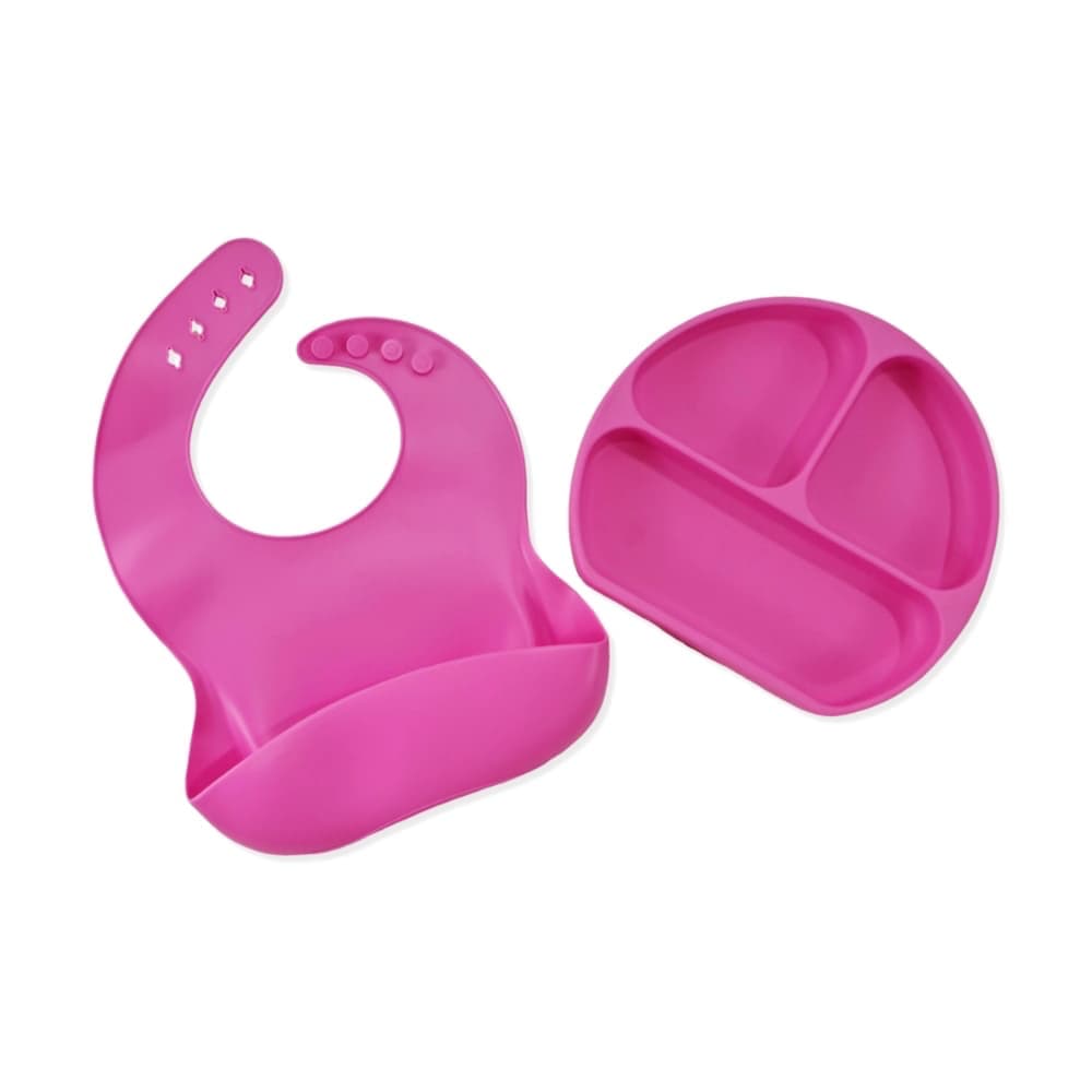 Kit Alimentação Babador de Silicone + Prato de Silicone - Rosa - Ganhe Colher