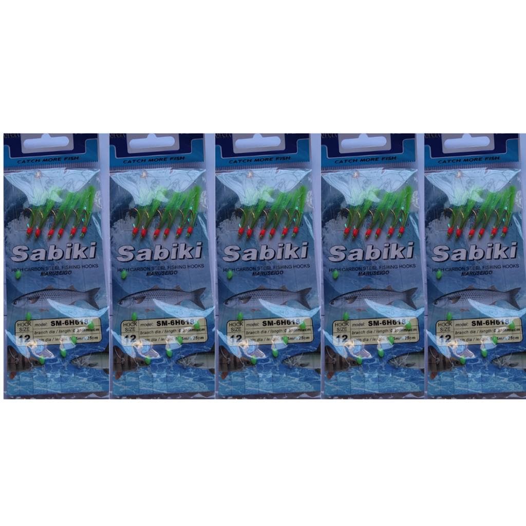 kit C/5 Isca Sabiki No 12 Na Cor Verde C/ 6 Anzois Maruseigo