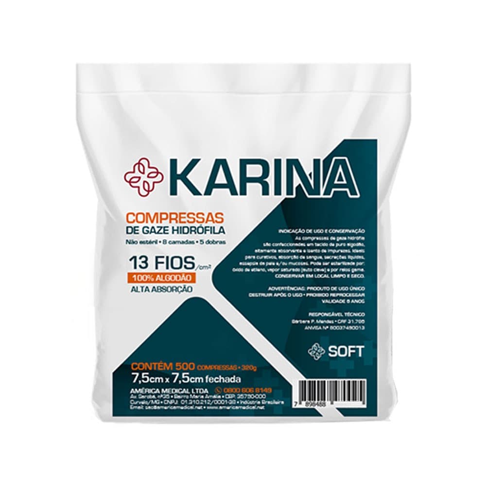Compressa de Gaze Hidrófila 13 Fios Karina - Curativos, Limpeza de Pele - Pacote 500un