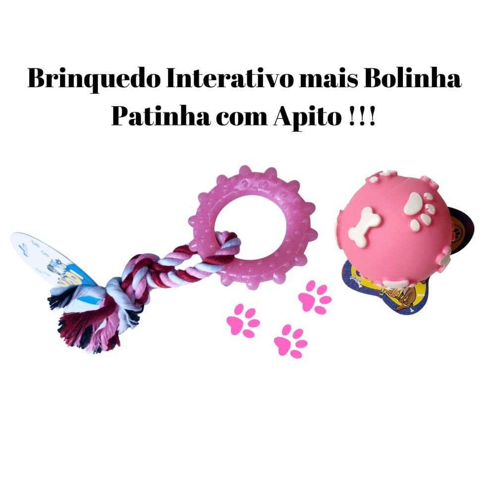 KIT Brinquedo Mordedor PET Corda + Bolinha Patinhas com Apito para Cachorros, Gato e PET.