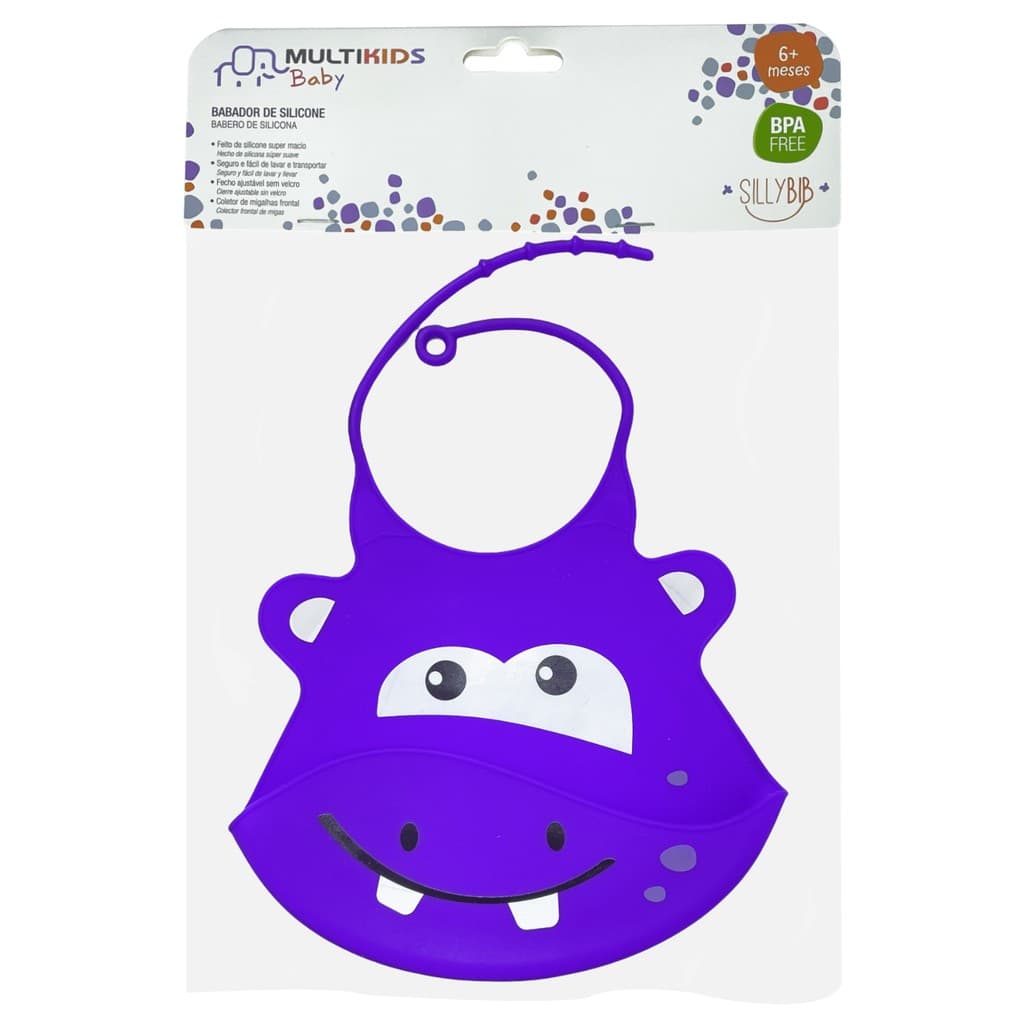 Babador de Silicone Macio SillyBib Hipopótamo Ajustável com Coletor de Migalhas