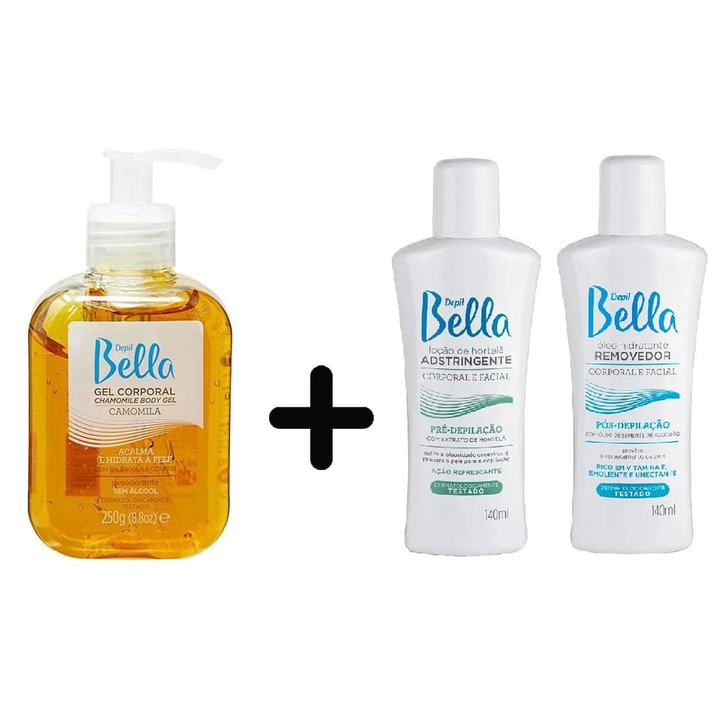 Kit Pré e Pós Gel Camomila + Óleo + Loção Depil Bella Loção Pré  Óleo Pós Gel Pós Calmante a