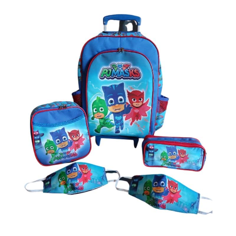 kit combo mochila de rodinhas PJ Masks infantil escolar meninos azul personagem criança com máscara de proteção facial lancheira térmica estojo tamanho G