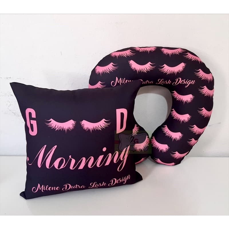 kit almofada de pescoço cílios postiços + almofada 30x30 decorativa personalizada com seu logo profissional de estética