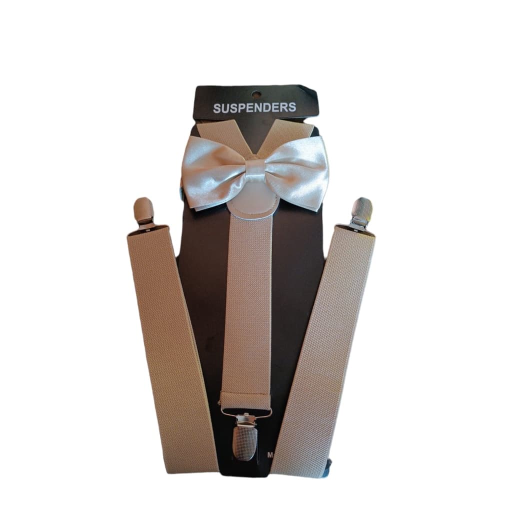 Kit Suspensórios Adulto Plus Size Masculino Bege + Gravata Borboleta King