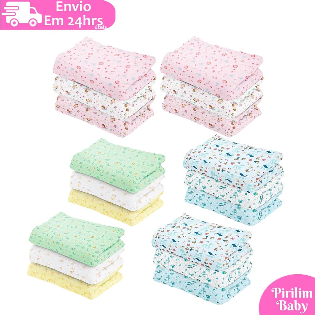 Kit 6 Cueiro Bebê Flanelado Estampado 100% algodão 80cm x 50cm da Papi
