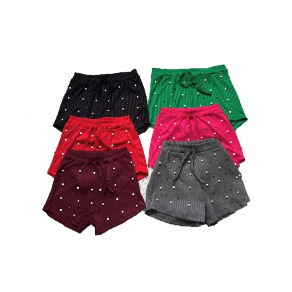 Short Feminino Com Pérolas Esticar Cintura Alta Verao Moda