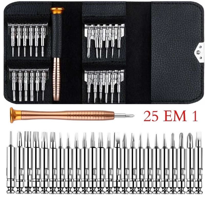 Kit Chaves de Precisão Profissional 25 em 1  Estojo de Couro Ferramentas Celular Notebook Torx Alen Philips Pequena