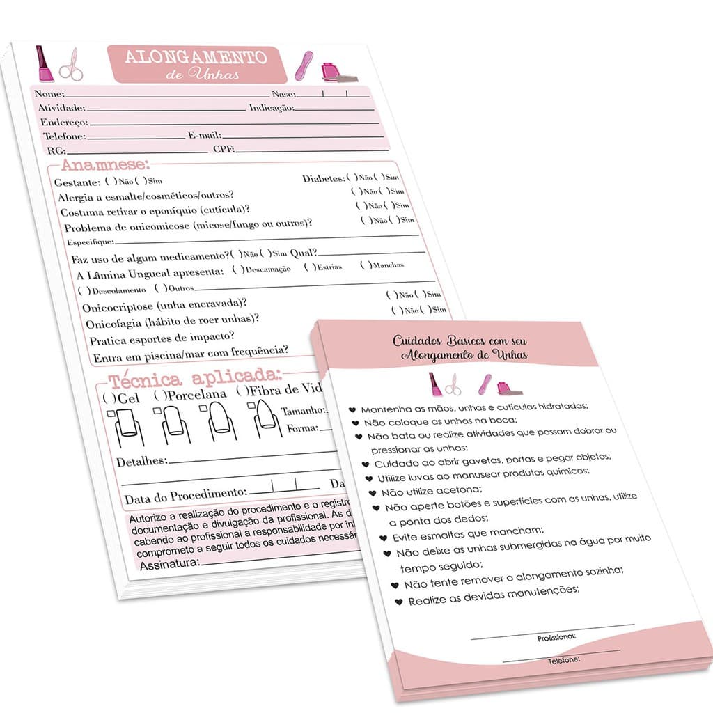 Bloco Ficha de Anamnese de Alongamento de Unhas+ Bloco de Cuidados Pós Alongamento