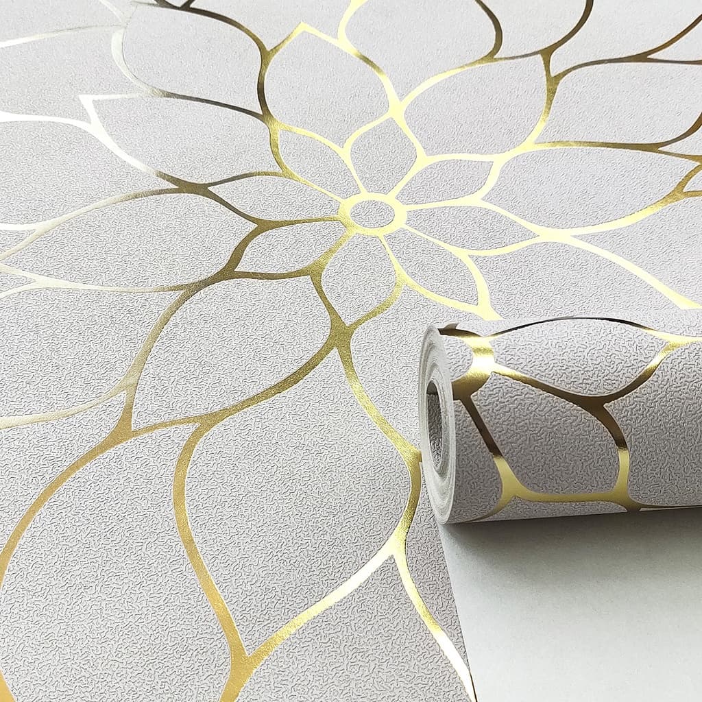 Papel De Parede Vinílico Importado Alto Relevo - Rolo 10m x 53cm + Cola Grátis - Modelo 114 -  Fundo Nude com  Dourado