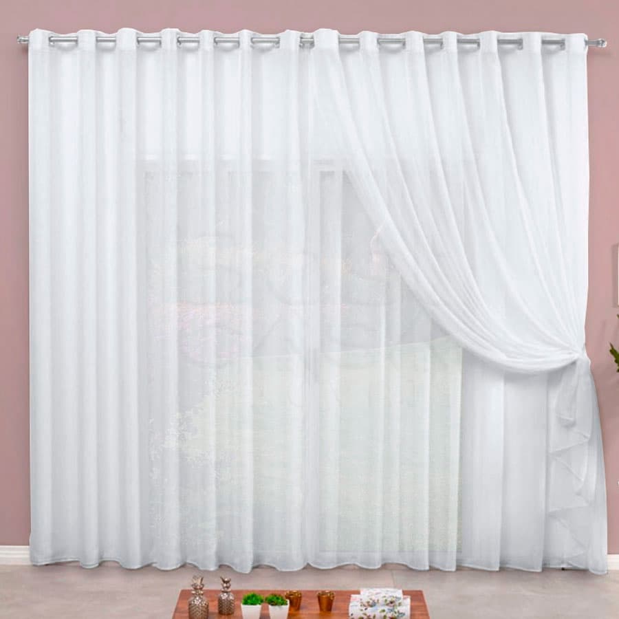 Cortina Microfibra Com Voil 3,00m X 2,70m Para Quarto e Sala Com Forro Branca para janelas ou portas