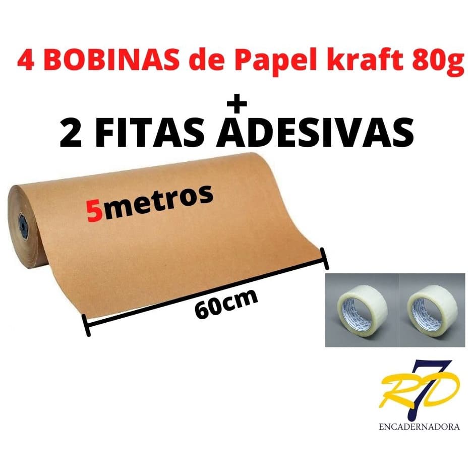 PAPEL KRAFT 80g MONOLUCIDO ( KIT C/ 4 BOBINAS 60x5 metros  + 2 FITAS ADESIVAS)