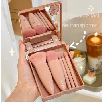 Mini Espelho De Maquiagem Portátil Com 5 Pcs Pincéis De Maquiagem Lupa Mão Segurar Bolso Dobrável Maquiagem Beleza