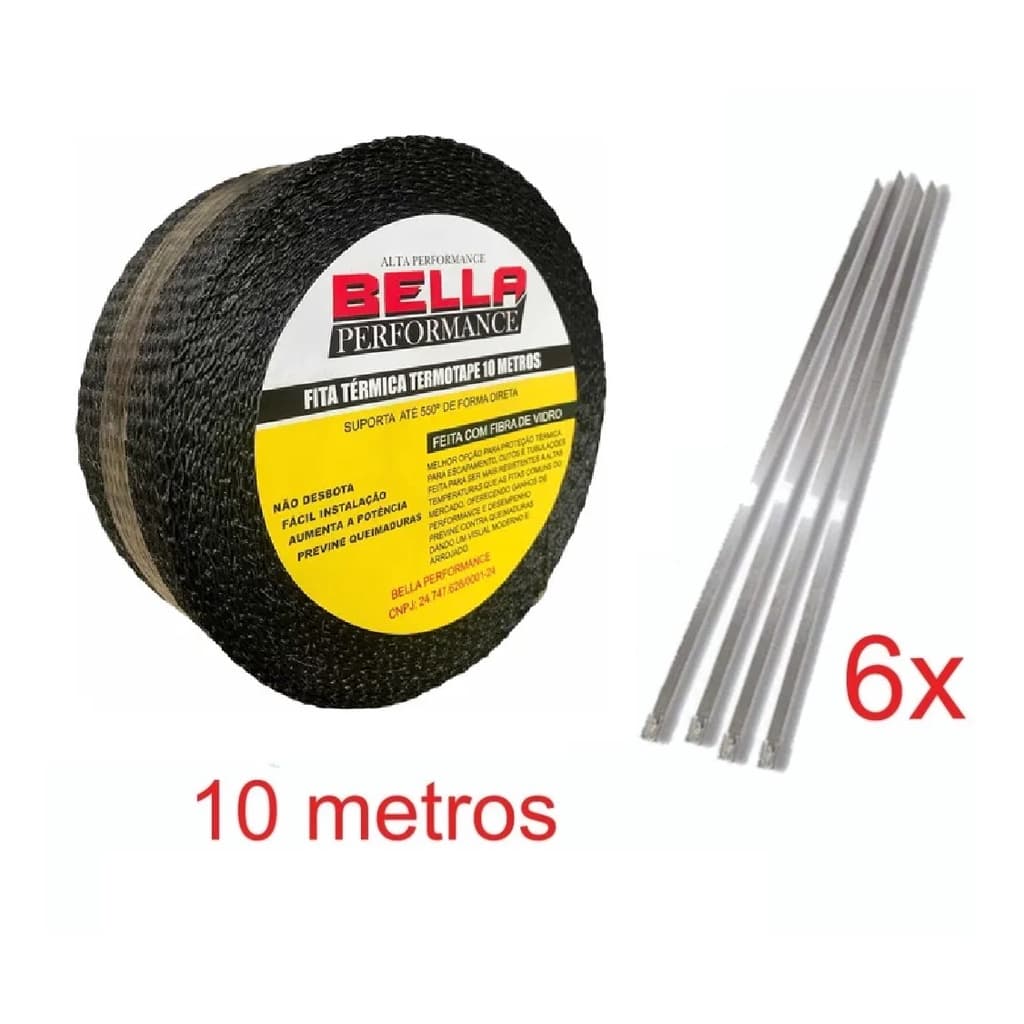 Fita Manta Termica Termotape Preta 10 Metros Para Escapamento Carro e Moto + 6 Zip Tie