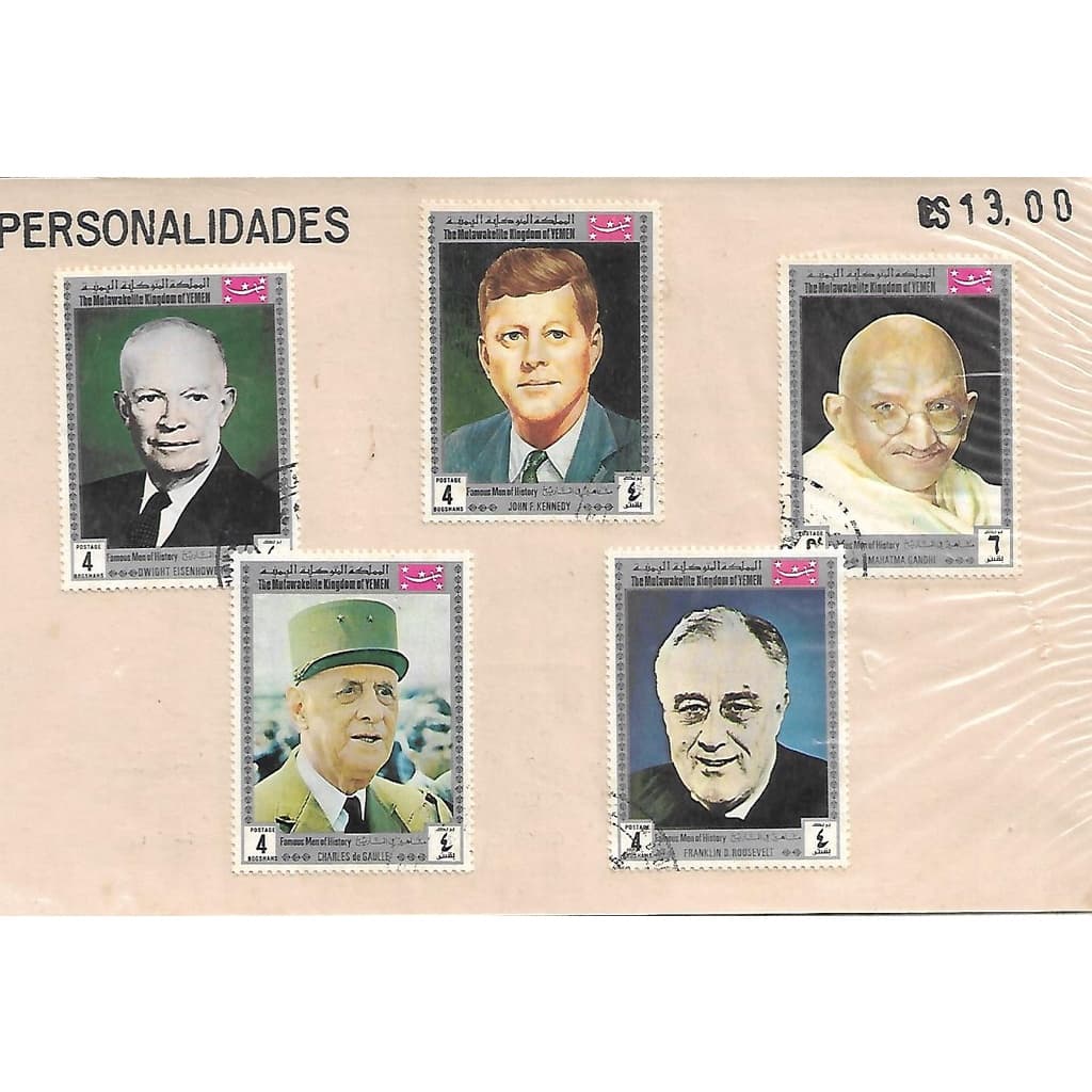 Selos Personalidades Mundiais Yemen 5 Selos Kennedy Gandi De Gaule série completa