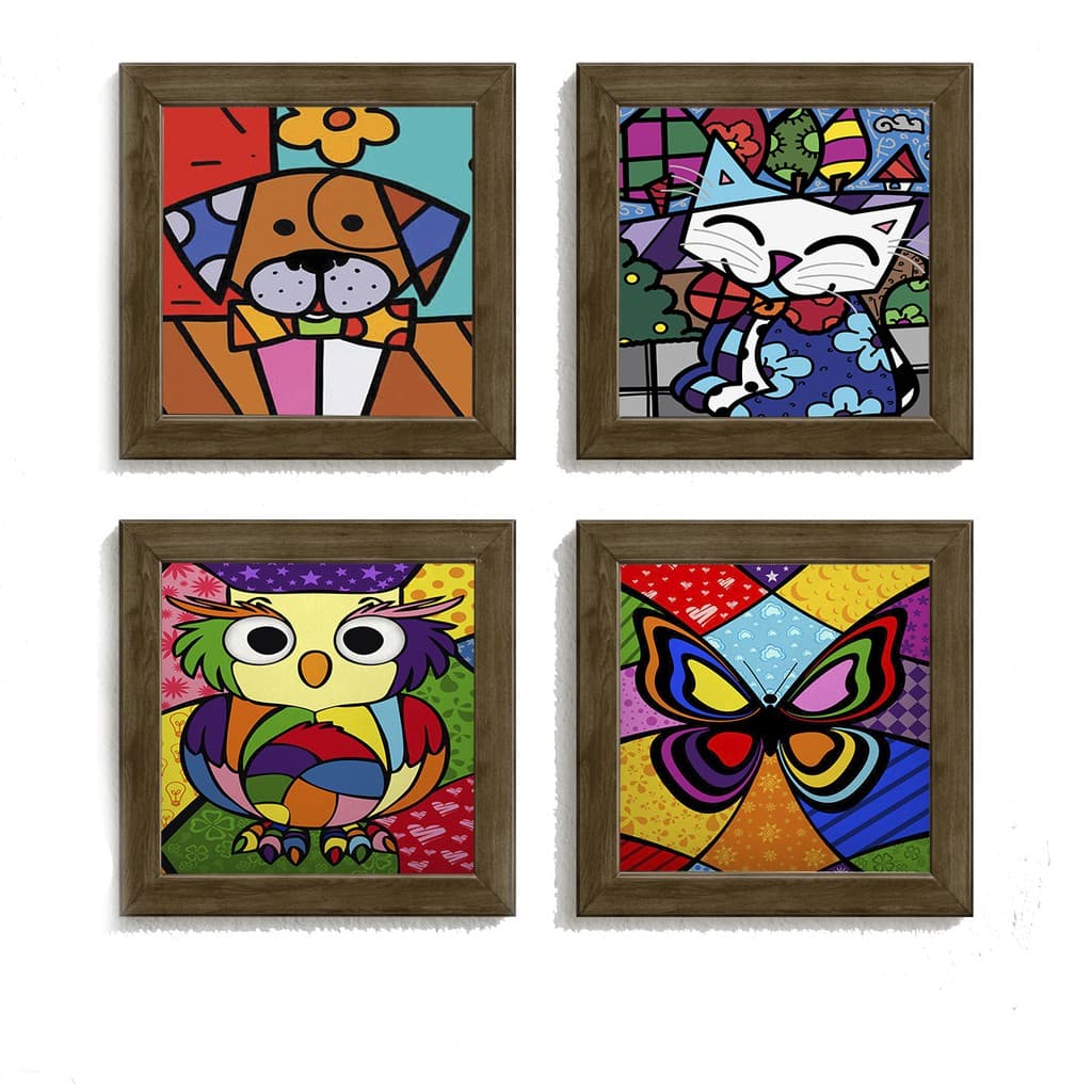 Quadrinhos Decorativos Romero Britto Pet Moldura e Vidro 23x23