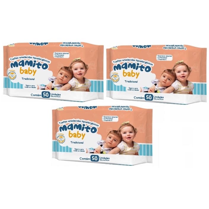 Kit com 3 - Lenço Umedecido Mamito Baby Tradicional Toalha Umedecida Chams 50 Unidades o autentico