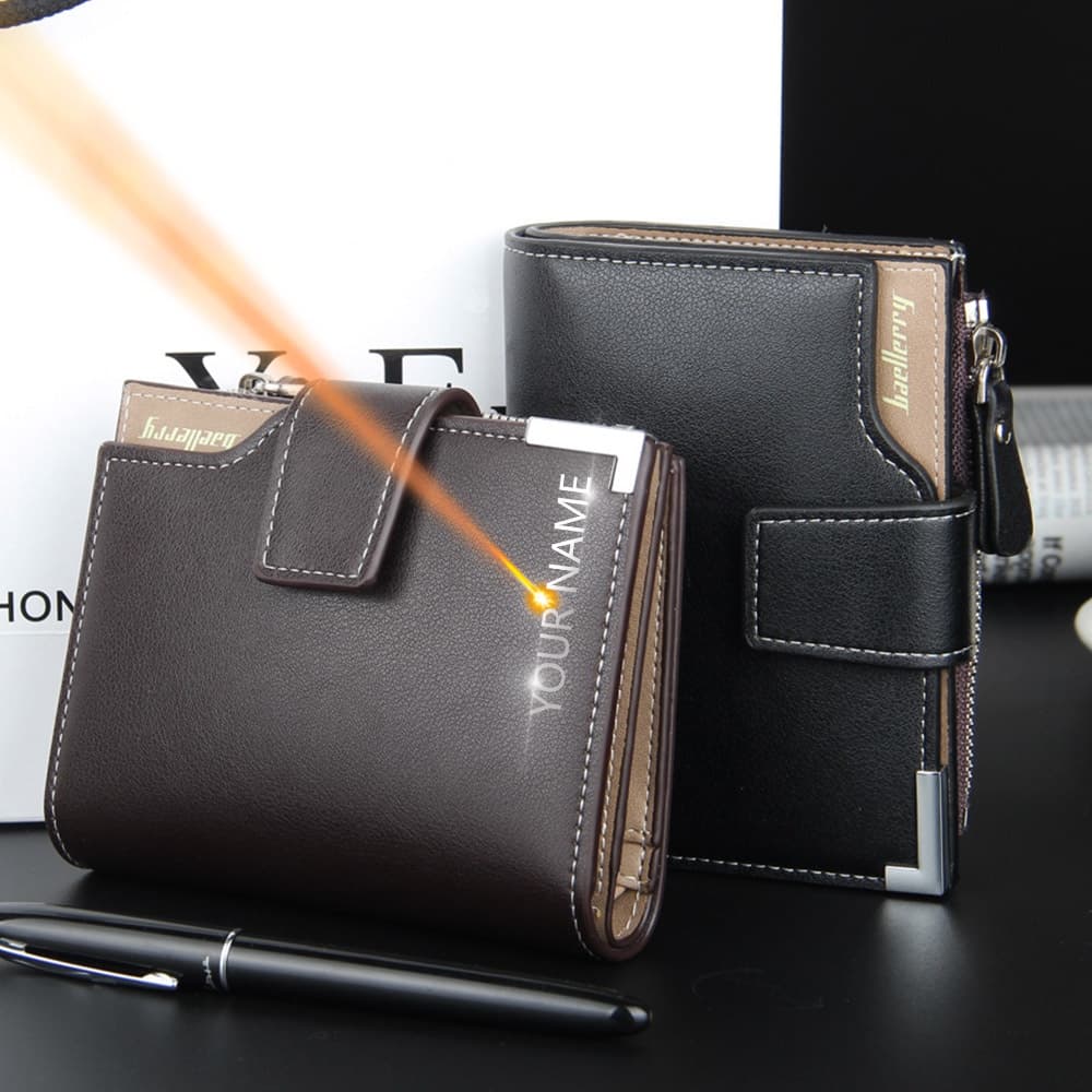 Nome Personalizado Carteiras Masculinas De Luxo Curto Porta-Cartões Com Zíper Moedas Masculino Embreagem Gravado Marca Carteira Masculina