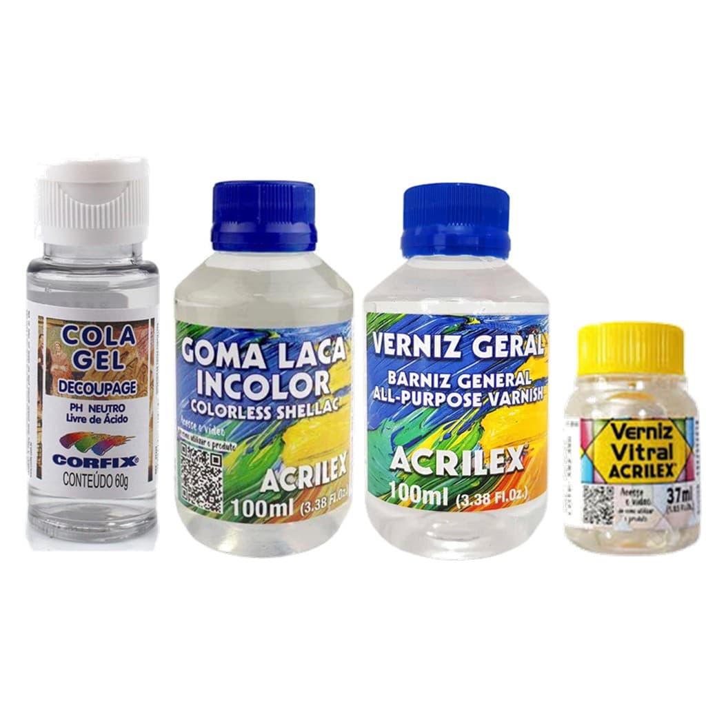 Verniz Geral e Vitral + Goma Laca Incolor e Cola Gel Decoupage