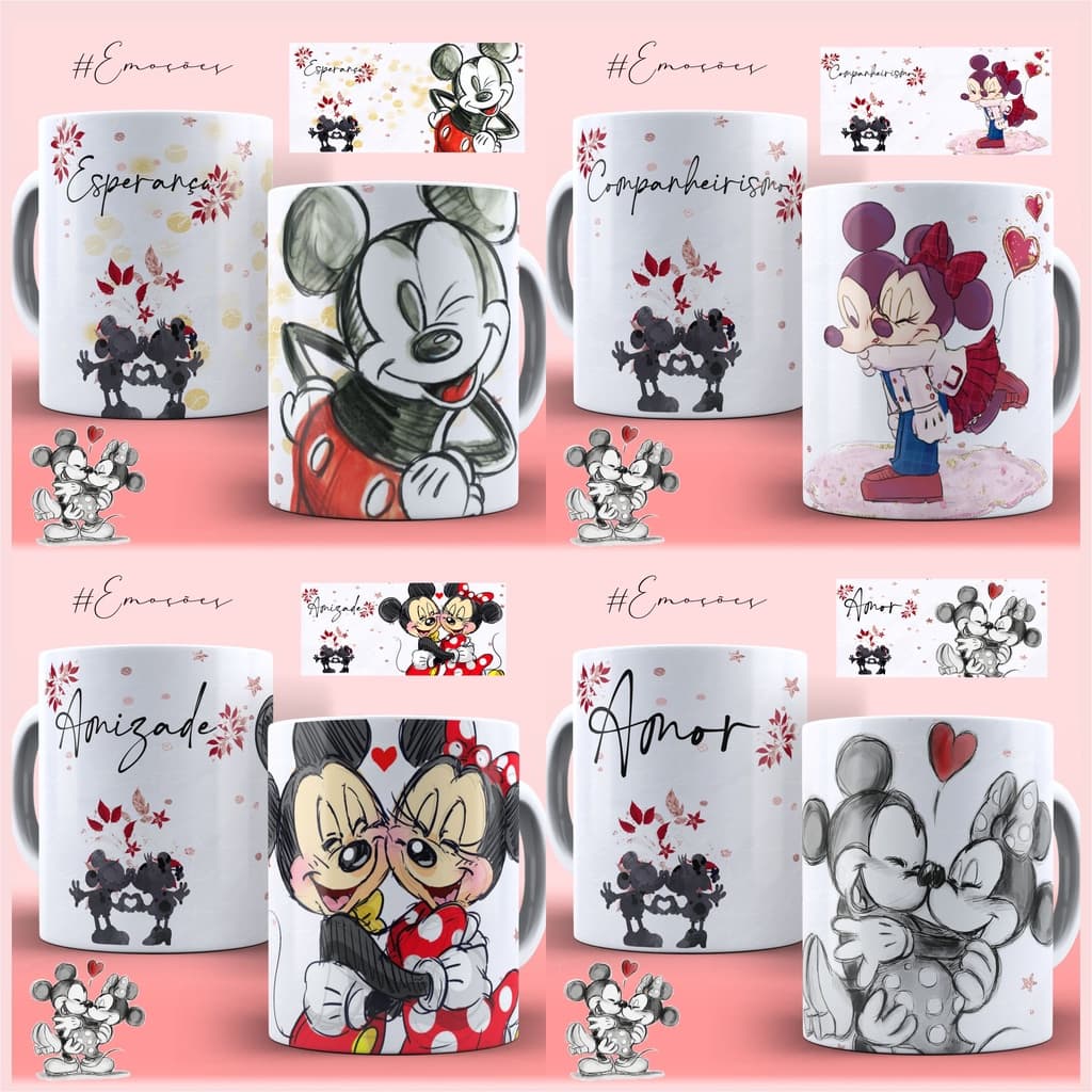 Caneca Mickey e Minnie Personalizada Emoções 325ml Personagens Motivação Quadrinhos Desenho Amor Frases Caneca Café