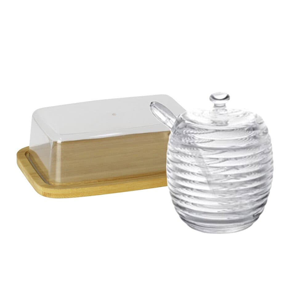 Kit Manteigueira de Bambu + Açucareiro de Cristal com Colher