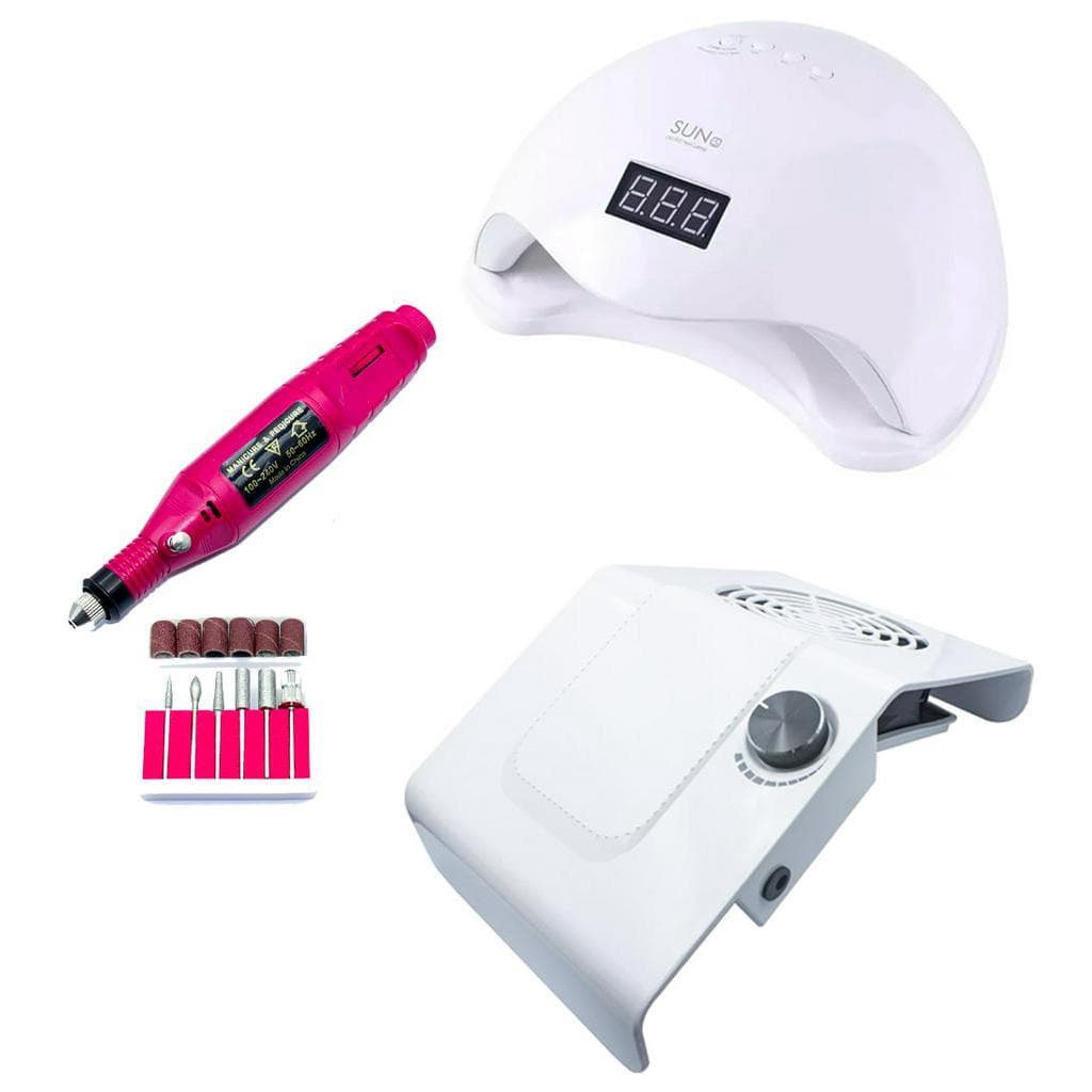 Kit Unhas De Gel Cabine Sun5 48w Lixadeira Motor Aspirador Combo Completo Manicure Nail Designer