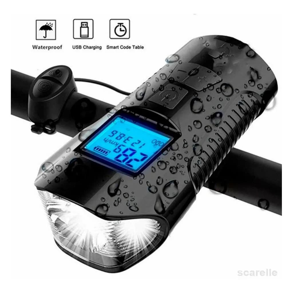 Lanterna Farol Led Bike Recarregável Com Buzina E Velocímetro Zem ZE-0055