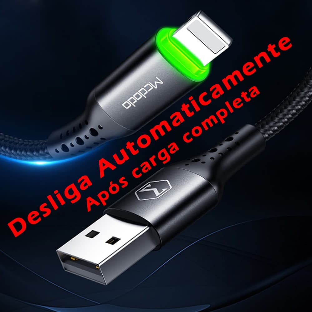 Cabo Carregador iPhone Inteligente Automático 1.8m Lightning Led Turbo Dados iPad iPod